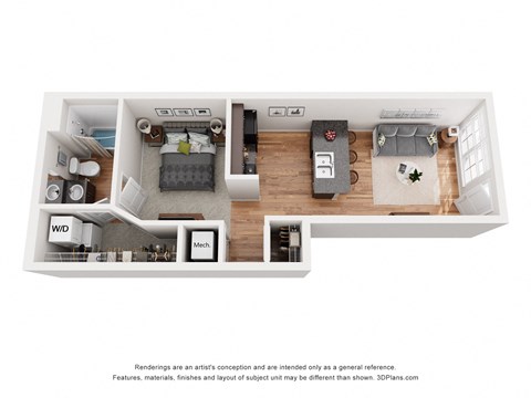 a stylized floor plan with a bedroom and living room